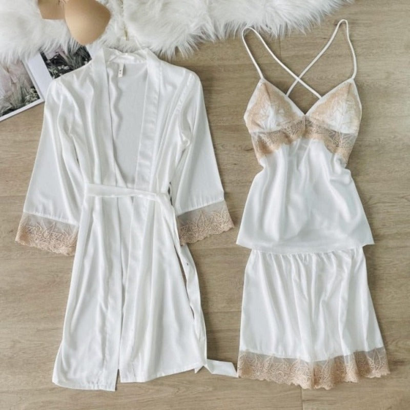 ZigZag Style Satin Summer Women Sleepwear 3 Piece Set-Original Pajamas