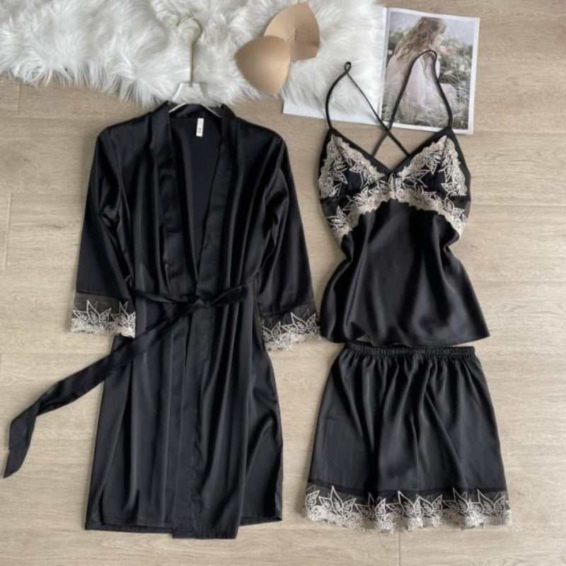 ZigZag Style Satin Summer Women Sleepwear 3 Piece Set-Original Pajamas