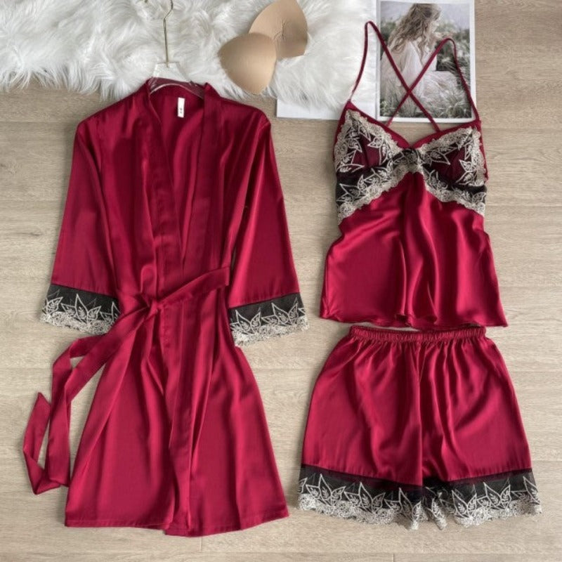 ZigZag Style Satin Summer Women Sleepwear 3 Piece Set-Original Pajamas