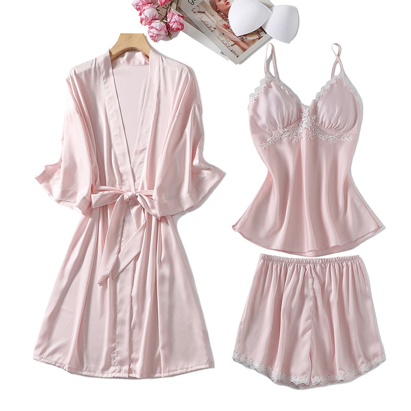 The New Summer Satin Silk 3 Piece Pajama Set Nightwear with Robe-Original Pajamas
