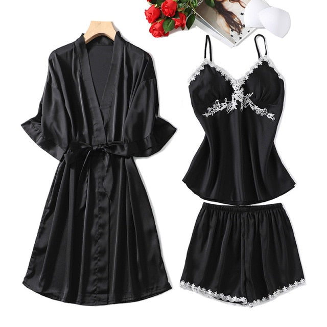 The New Summer Satin Silk 3 Piece Pajama Set Nightwear with Robe-Original Pajamas