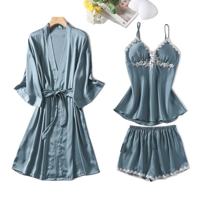 The New Summer Satin Silk 3 Piece Pajama Set Nightwear with Robe-Original Pajamas