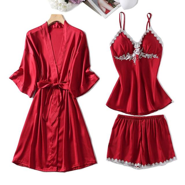 The New Summer Satin Silk 3 Piece Pajama Set Nightwear with Robe-Original Pajamas