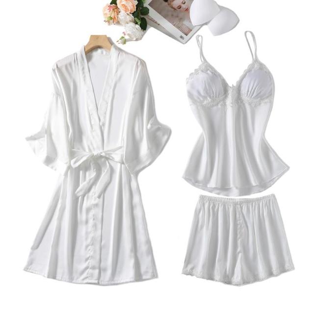 The New Summer Satin Silk 3 Piece Pajama Set Nightwear with Robe-Original Pajamas