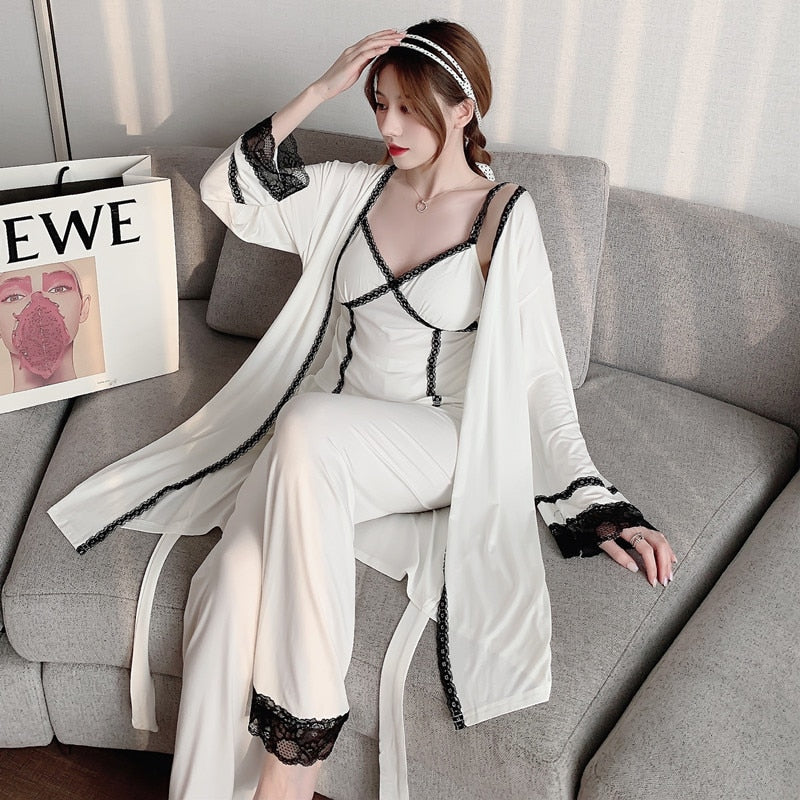 3 Piece Women Kimono Robe Sets Modal Strap Top-Original Pajamas