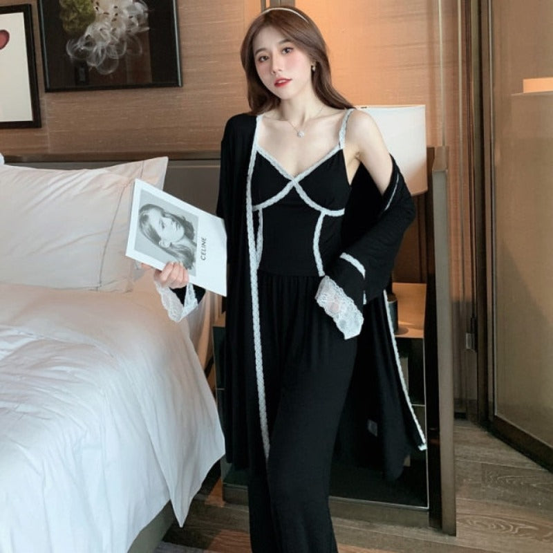 3 Piece Women Kimono Robe Sets Modal Strap Top-Original Pajamas