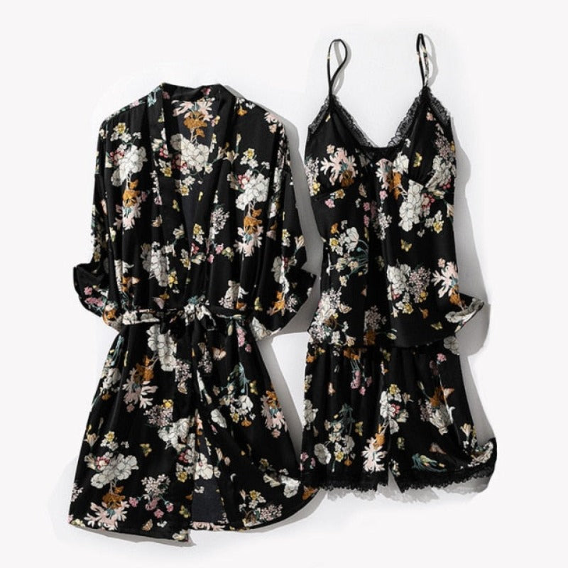 Floral Rayon 3 Piece Pajama Set Lady Nightwear With Chest Pads-Original Pajamas