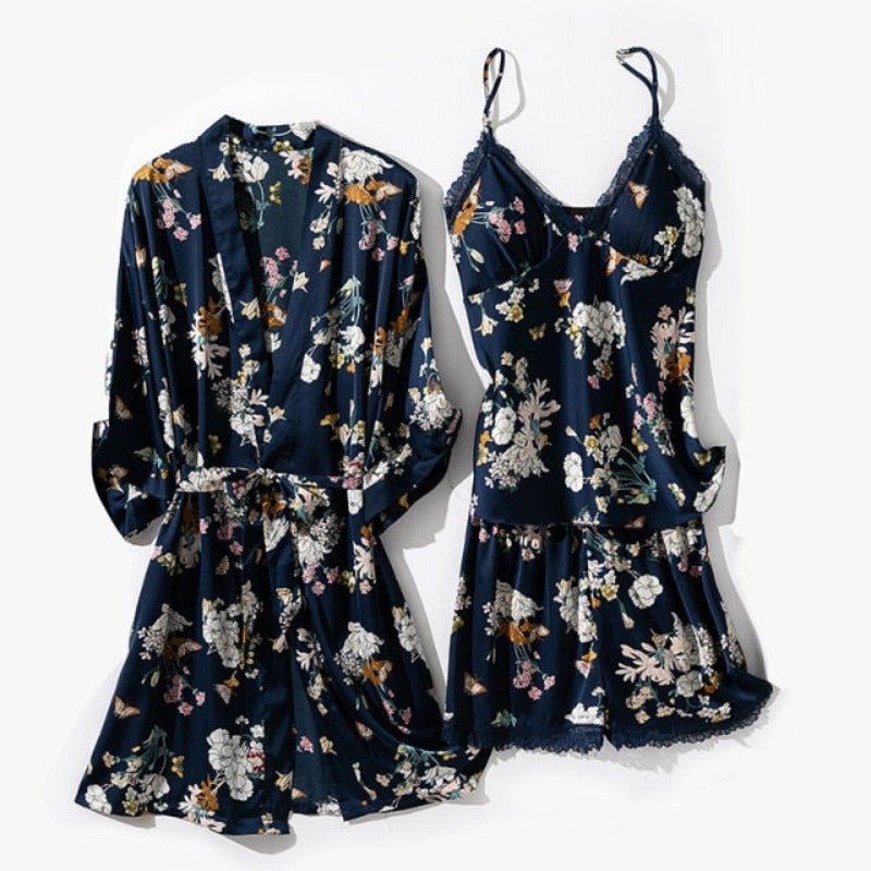 Floral Rayon 3 Piece Pajama Set Lady Nightwear With Chest Pads-Original Pajamas