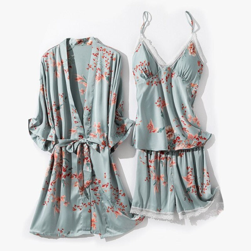 Floral Rayon 3 Piece Pajama Set Lady Nightwear With Chest Pads-Original Pajamas