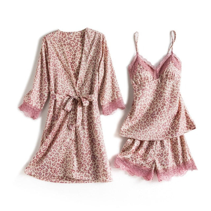 Leopard Pajamas Set 3 Pieces Sleepwear Robe Nightwear-Original Pajamas