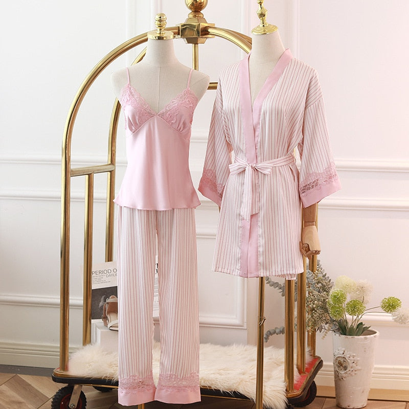 Stripe Printed 3 Piece Pajama Set With Robe Home Wear-Original Pajamas