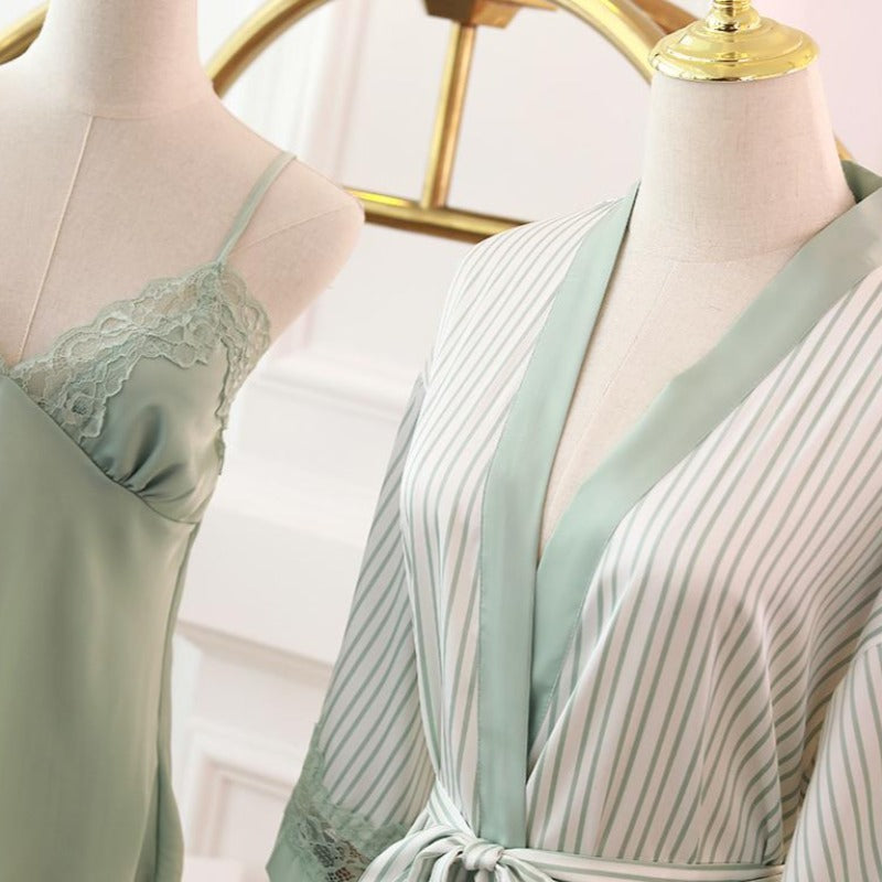 Stripe Printed 3 Piece Pajama Set With Robe Home Wear-Original Pajamas