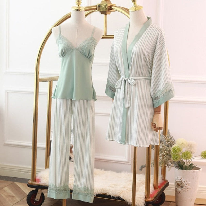 Stripe Printed 3 Piece Pajama Set With Robe Home Wear-Original Pajamas