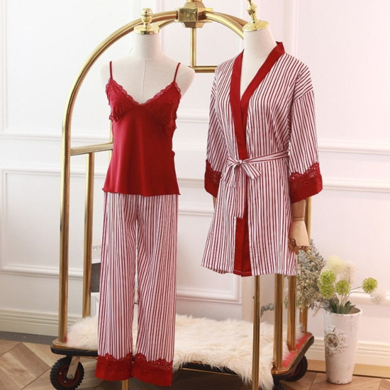 Stripe Printed 3 Piece Pajama Set With Robe Home Wear-Original Pajamas