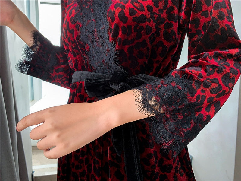 Velour Leopard Nighty 3 Piece Pajama Set With Robe-Original Pajamas