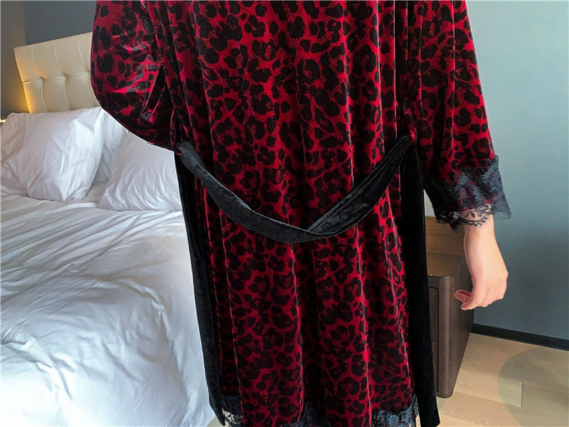 Velour Leopard Nighty 3 Piece Pajama Set With Robe-Original Pajamas