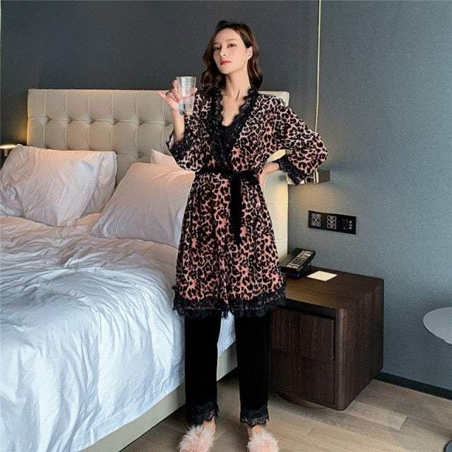 Velour Leopard Nighty 3 Piece Pajama Set With Robe-Original Pajamas