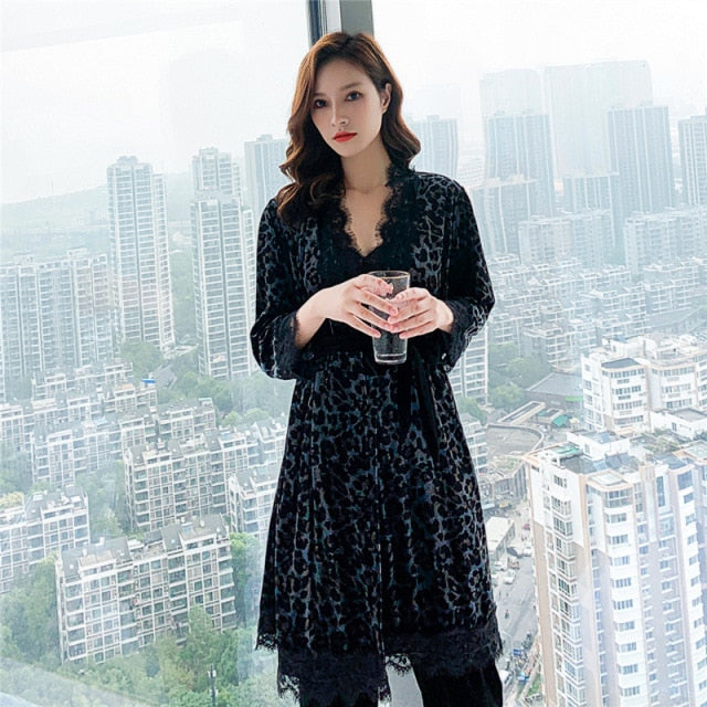 Velour Leopard Nighty 3 Piece Pajama Set With Robe-Original Pajamas