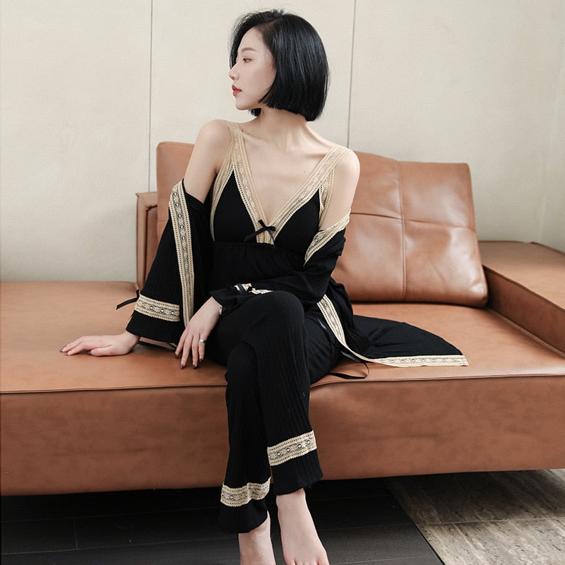 Lace Patchwork 3 Piece Cotton Sleepwear Robe Set-Original Pajamas