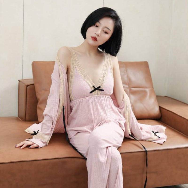 Lace Patchwork 3 Piece Cotton Sleepwear Robe Set-Original Pajamas