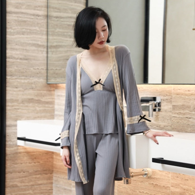 Lace Patchwork 3 Piece Cotton Sleepwear Robe Set-Original Pajamas