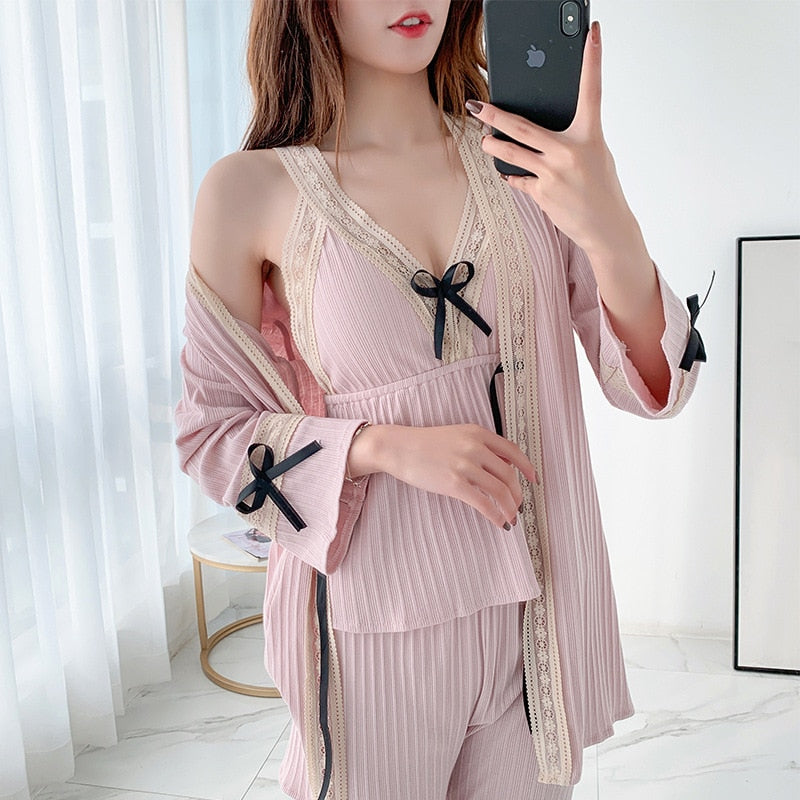 Lace Cotton 3 Piece Pajama Suit Patchwork Sleepwear-Original Pajamas