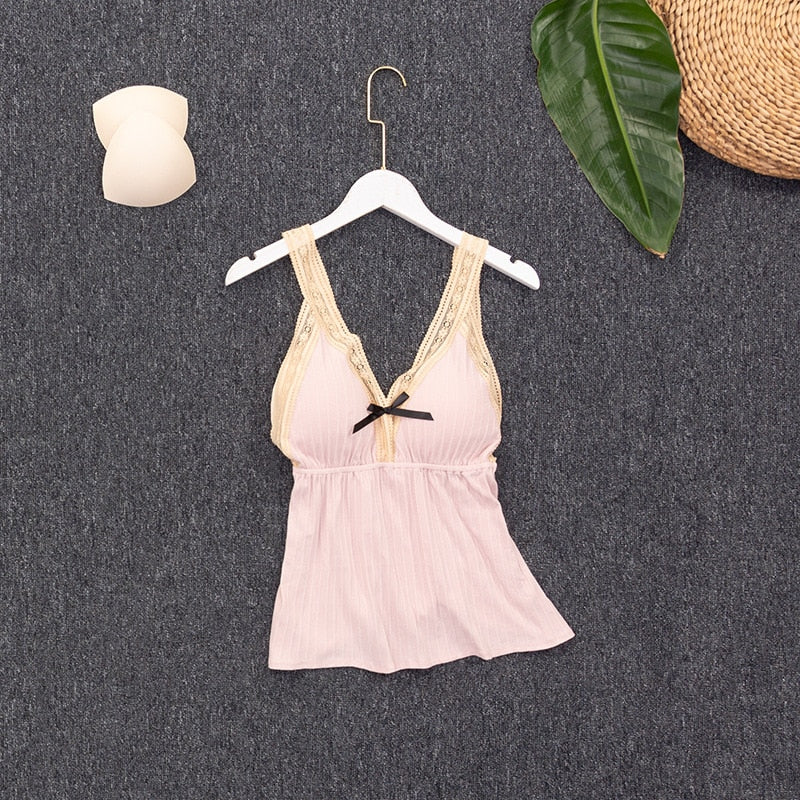 Lace Cotton 3 Piece Pajama Suit Patchwork Sleepwear-Original Pajamas