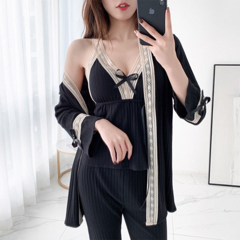 Lace Cotton 3 Piece Pajama Suit Patchwork Sleepwear-Original Pajamas