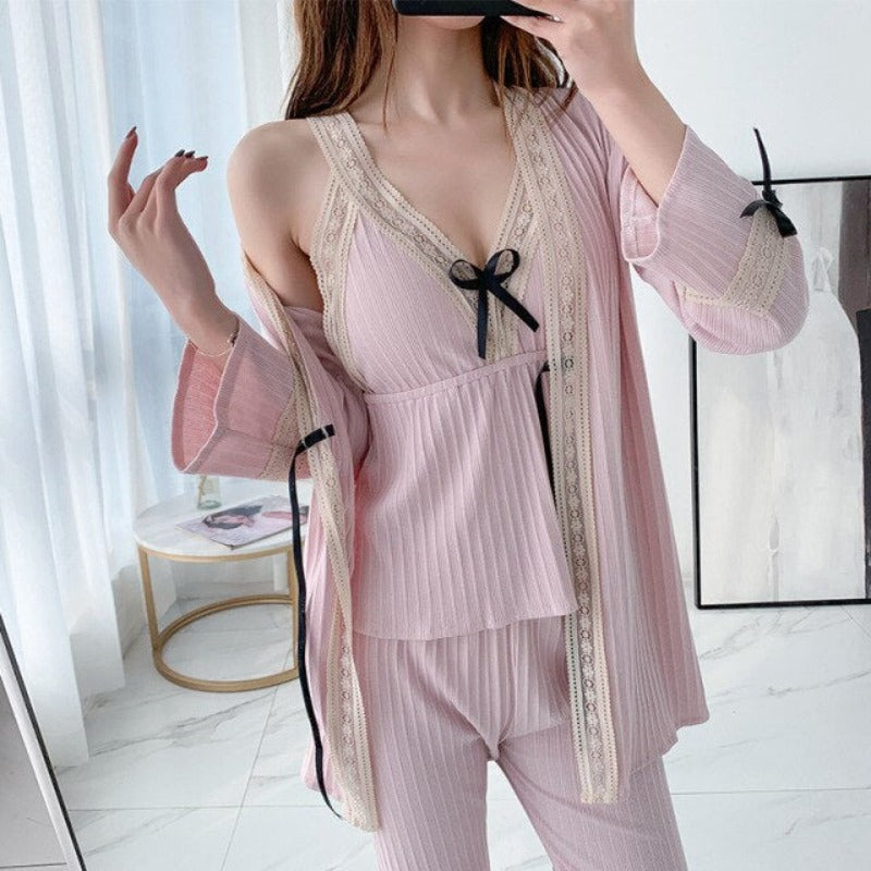 Lace Cotton 3 Piece Pajama Suit Patchwork Sleepwear-Original Pajamas