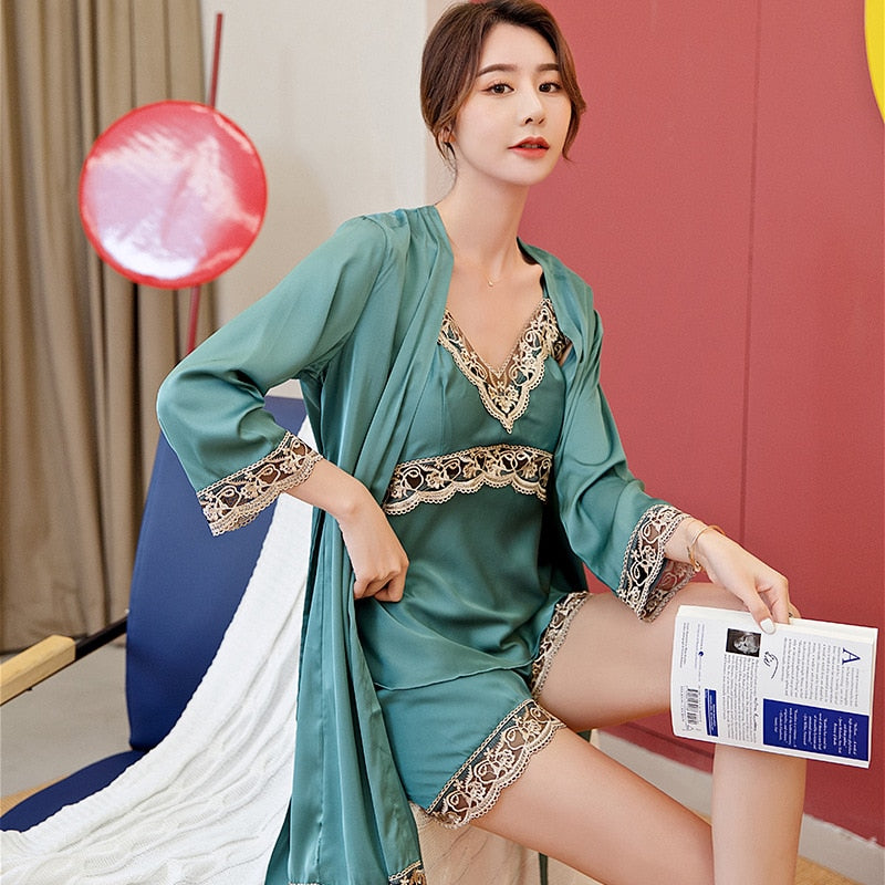 Silky Satin Lady 3 Piece Pajamas Suit Nightwear With Lace Patchwork-Original Pajamas