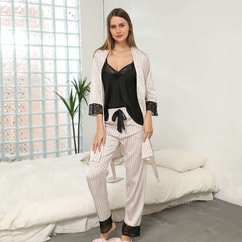 3Piece Women Faux Silk Pajamas Set Comfy Sleepwear-Original Pajamas
