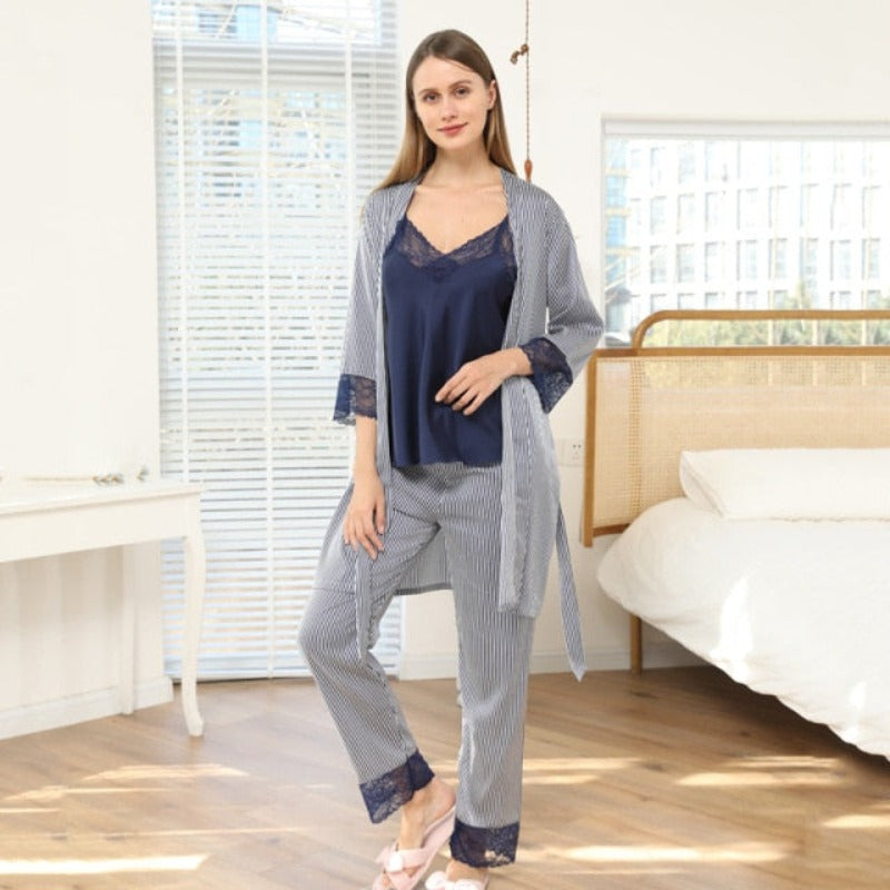 3Piece Women Faux Silk Pajamas Set Comfy Sleepwear-Original Pajamas