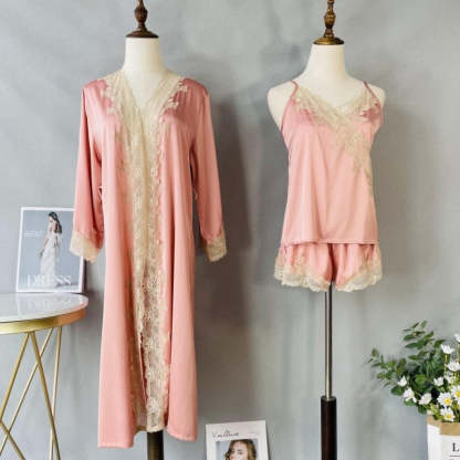 3 Piece Pj Set Womens Kimono Gown Satin Bathrobe-Original Pajamas