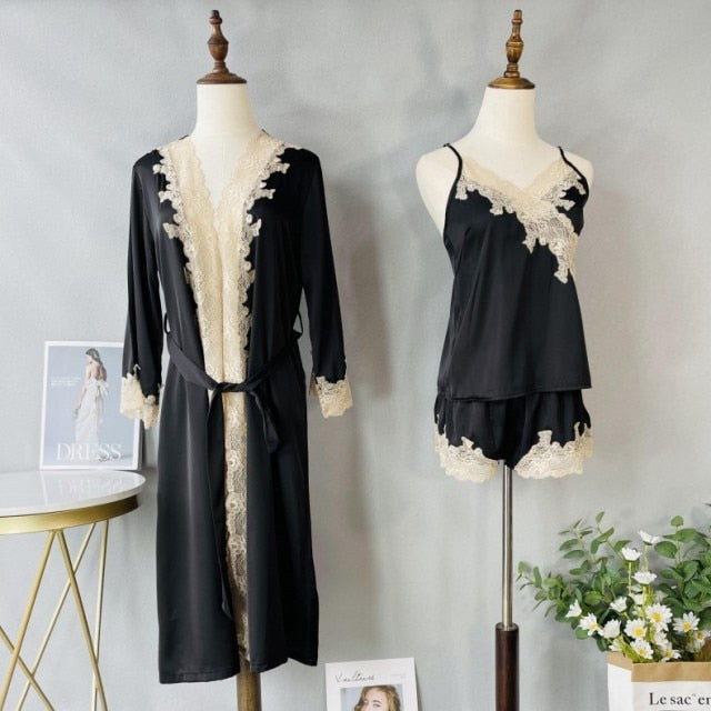 3 Piece Pj Set Womens Kimono Gown Satin Bathrobe-Original Pajamas