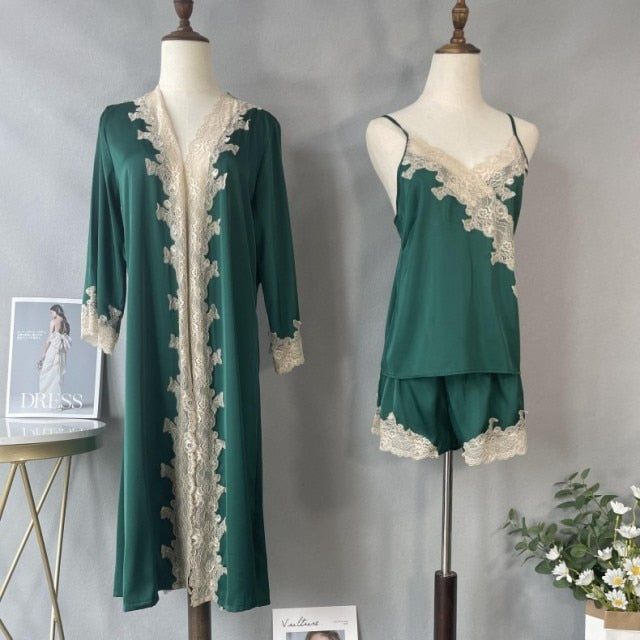 3 Piece Pj Set Womens Kimono Gown Satin Bathrobe-Original Pajamas