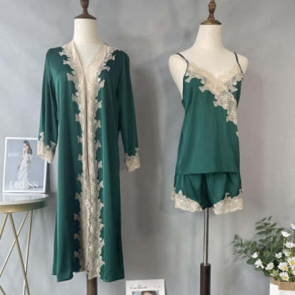 3 Piece Pj Set Womens Kimono Gown Satin Bathrobe-Original Pajamas