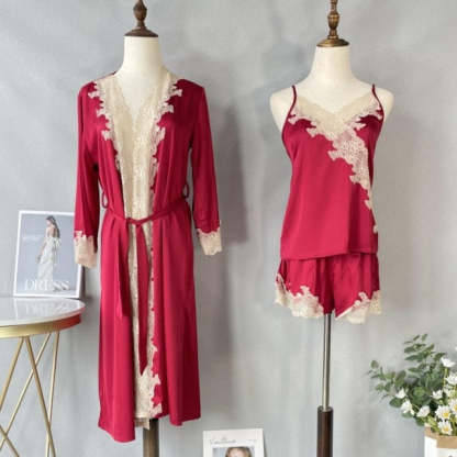 3 Piece Pj Set Womens Kimono Gown Satin Bathrobe-Original Pajamas