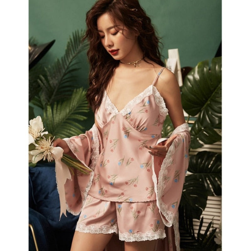Lady Flower Print 3 Piece Best Comfy Pajamas Lace Trim Set-Original Pajamas