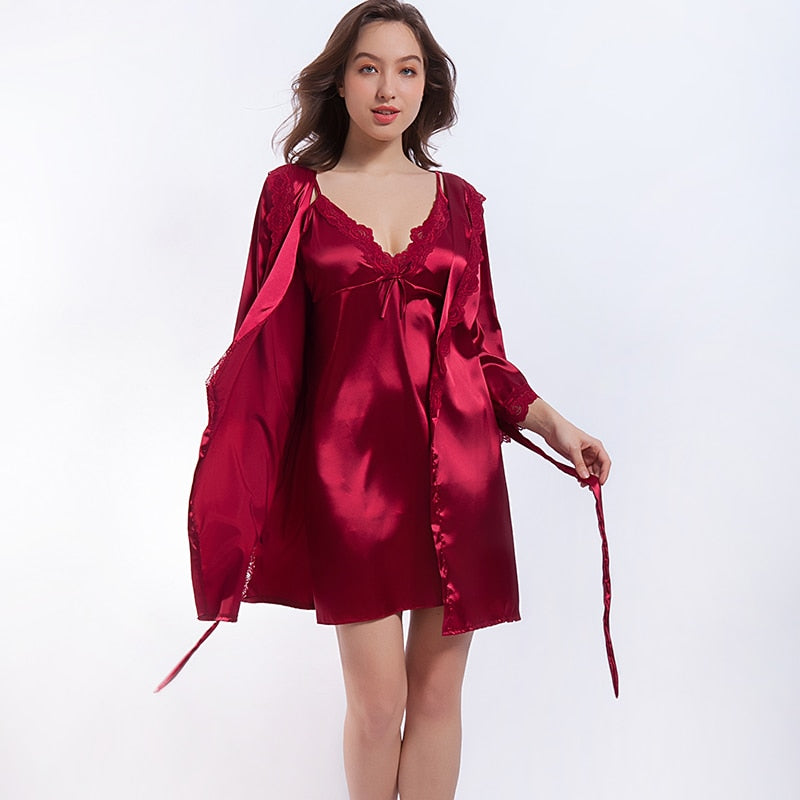 Women 3 Piece Pyjama Set Silk Satin Pajama Set Robe-Original Pajamas