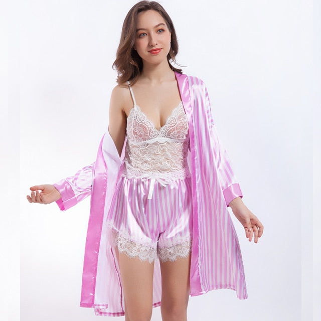 Women 3 Piece Pyjama Set Silk Satin Pajama Set Robe-Original Pajamas