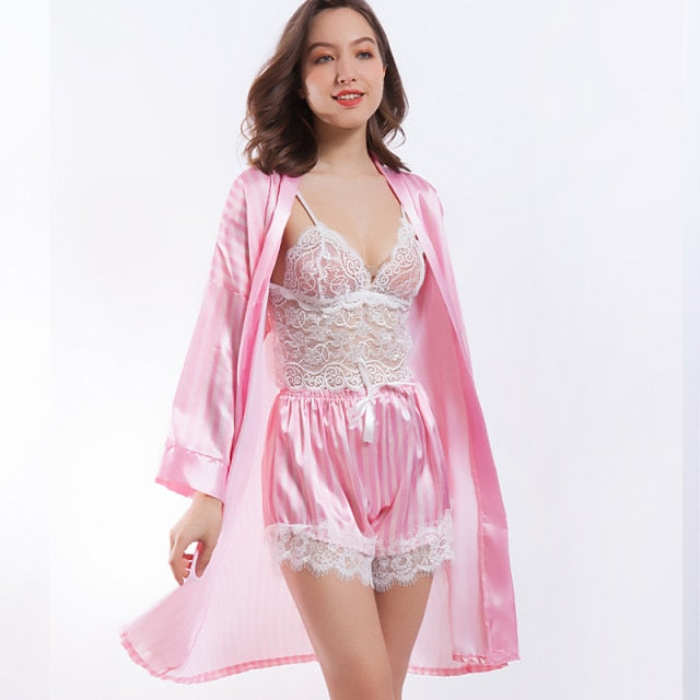 Women 3 Piece Pyjama Set Silk Satin Pajama Set Robe-Original Pajamas