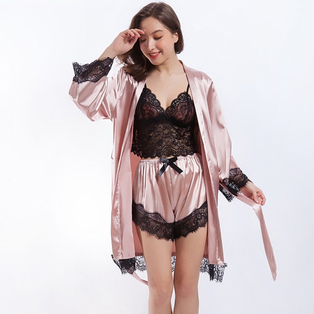 Women 3 Piece Pyjama Set Silk Satin Pajama Set Robe-Original Pajamas