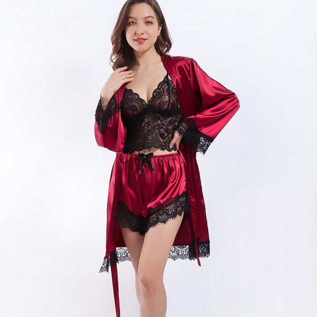 Women 3 Piece Pyjama Set Silk Satin Pajama Set Robe-Original Pajamas