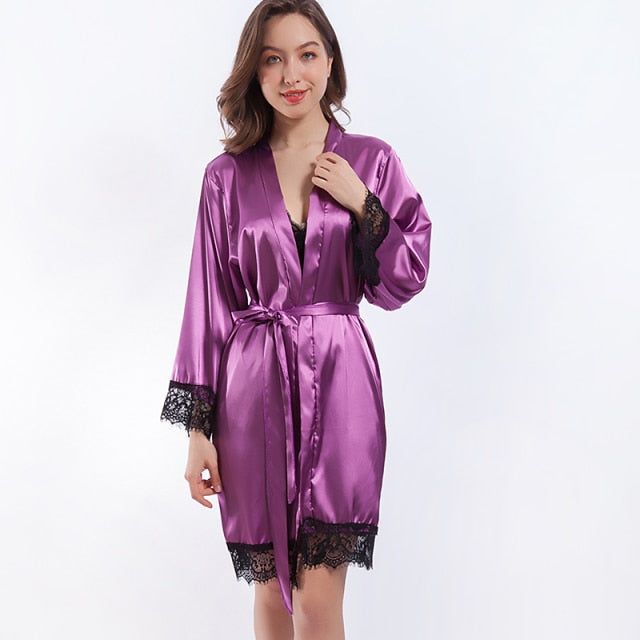 Women 3 Piece Pyjama Set Silk Satin Pajama Set Robe-Original Pajamas