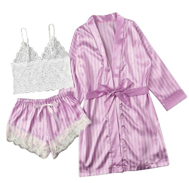 3 Piece Pajamas For Women Satin Lace Robe Sets-Original Pajamas