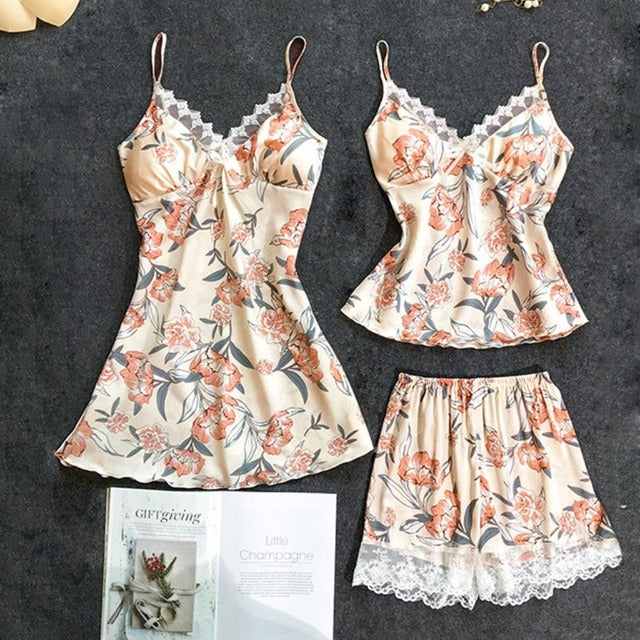 New Women Lace Satin Strap Top Shorts Pajamas Set Summer Sleepwear-Original Pajamas