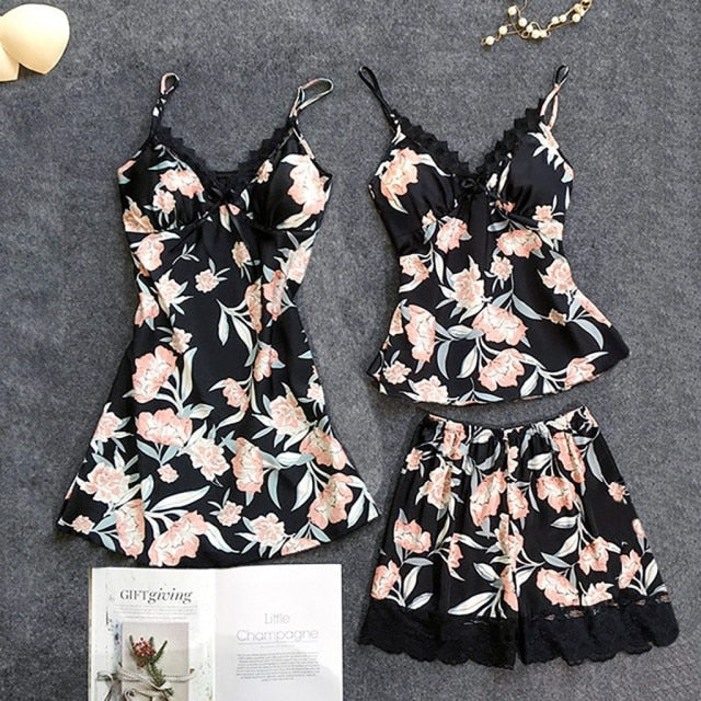 New Women Lace Satin Strap Top Shorts Pajamas Set Summer Sleepwear-Original Pajamas