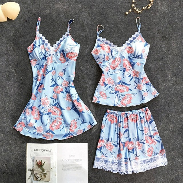 New Women Lace Satin Strap Top Shorts Pajamas Set Summer Sleepwear-Original Pajamas