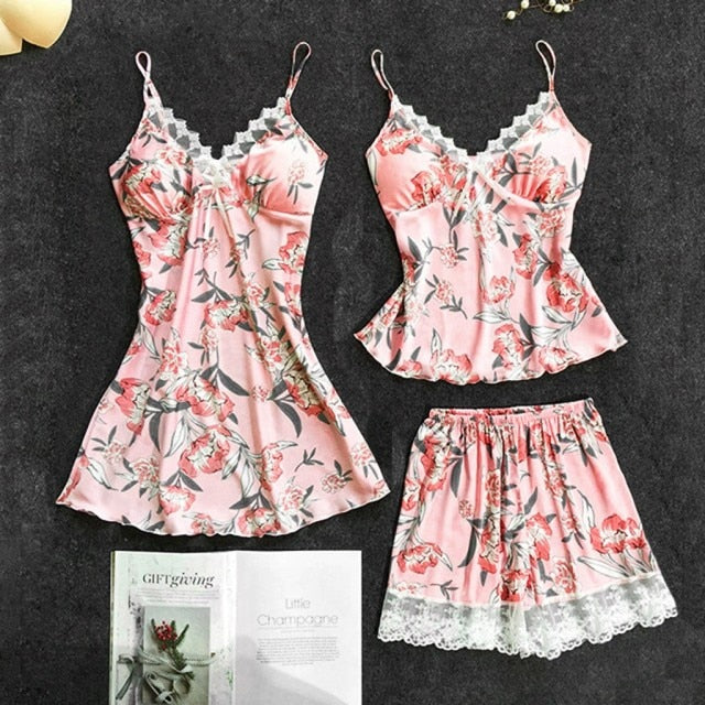 New Women Lace Satin Strap Top Shorts Pajamas Set Summer Sleepwear-Original Pajamas