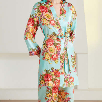 3 Pieces Flower Printed Long Sleeve Pajama Set Home Clothing-Original Pajamas